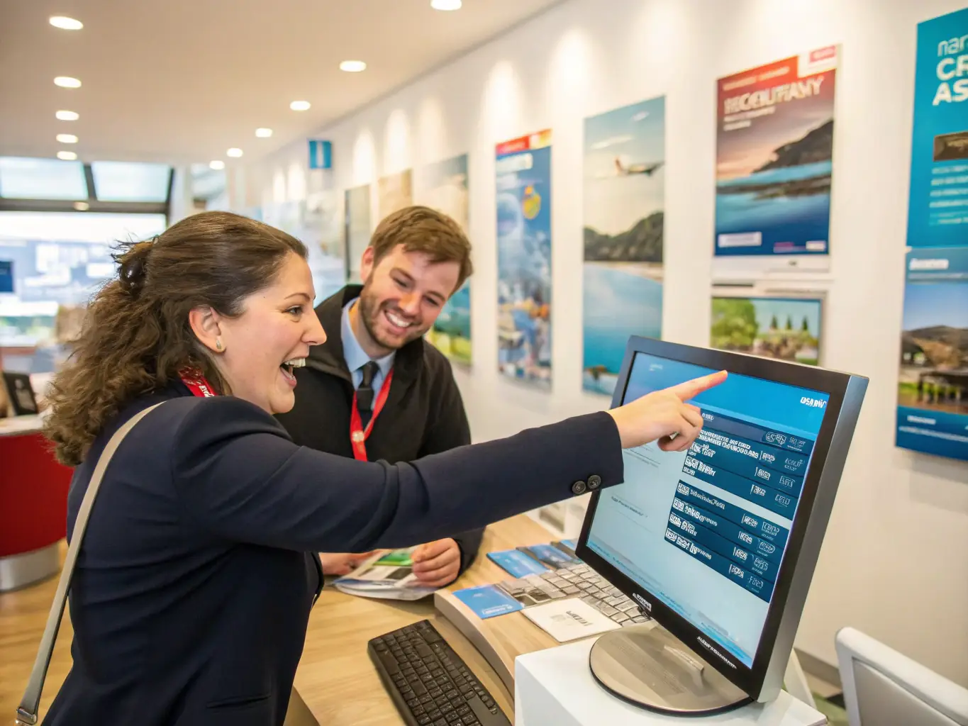 A customer service representative assisting a traveler with their train booking at a modern and well-equipped travel agency.