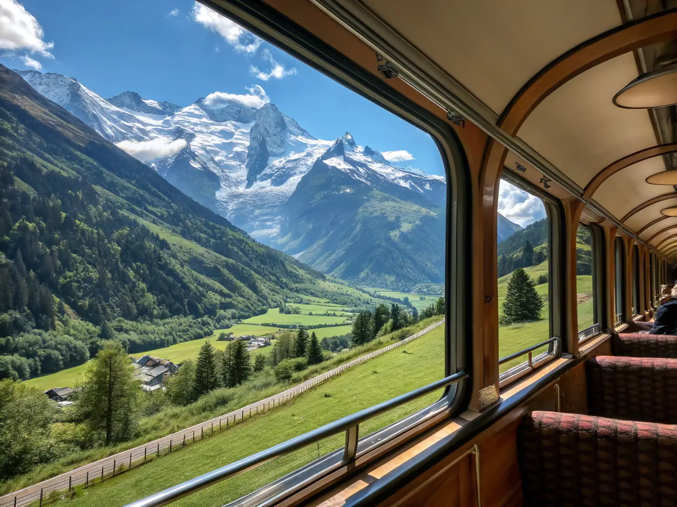 A scenic view of a high-speed train traveling through the Swiss Alps, showcasing the beauty and efficiency of train travel.